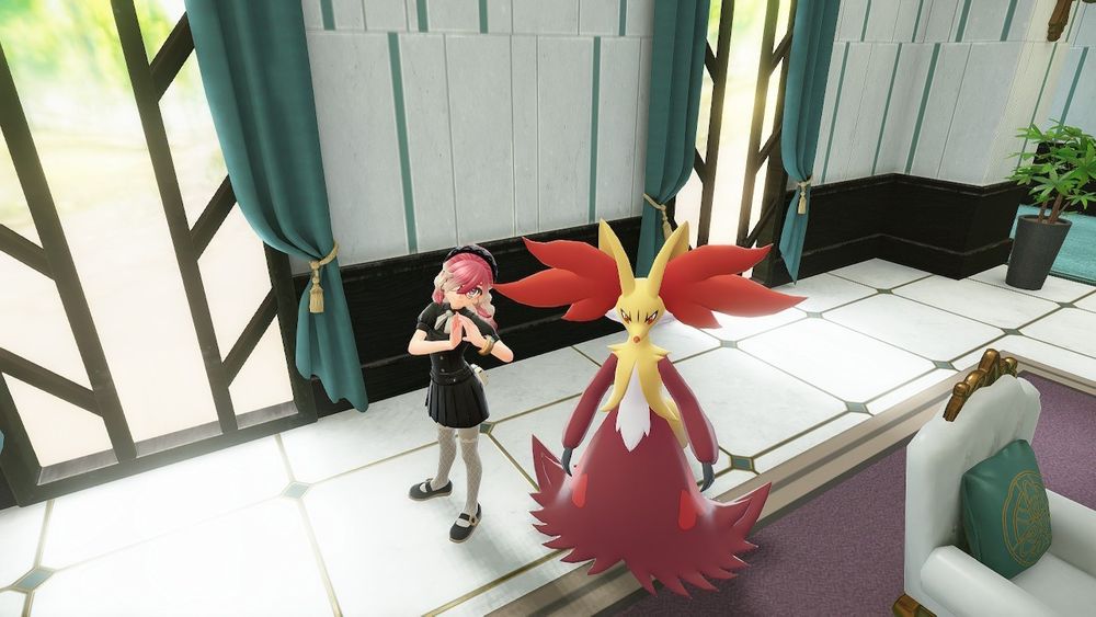 me and my delphox, having snuck into a fancy hotel to take selfies. off screen staff are preparing to have me removed