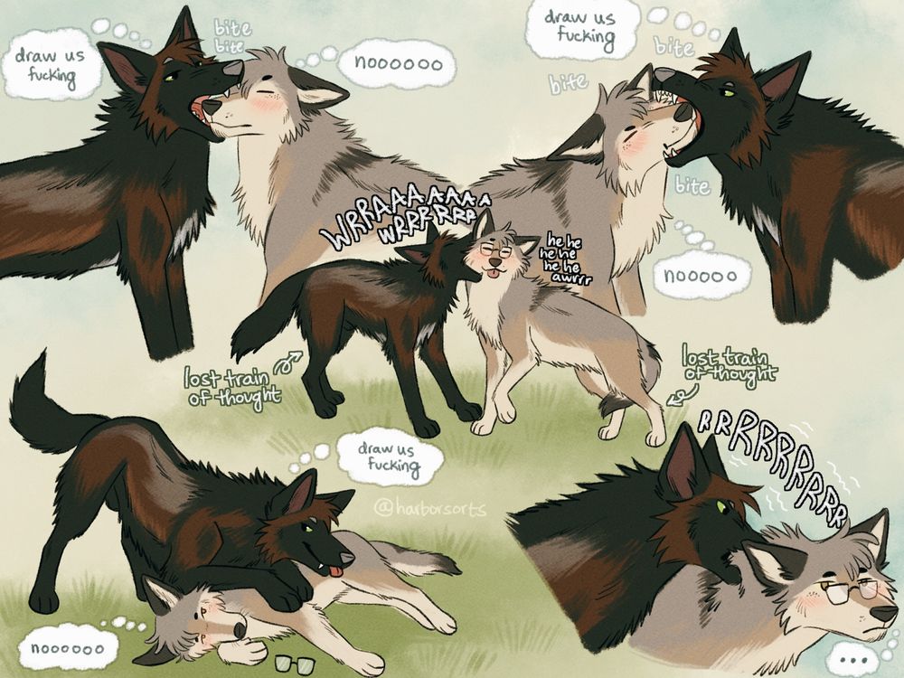 Chicory and Rennwolf in various poses, with Chicory biting Rennwolf playfully and laying on top of them. 

Chicory: draw us fucking
Rennwolf: nooooo