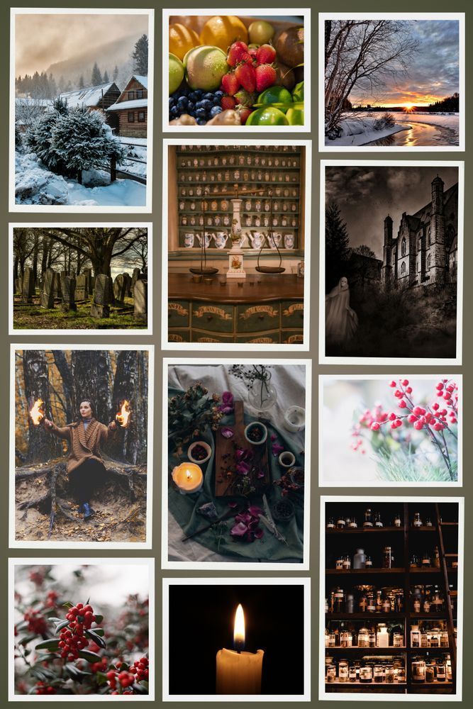 Winter fruit apothecary witch with fire creepy hohse candle berries bottles