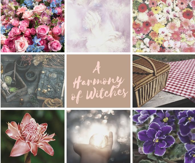 A Harmony o witches collage with flowers, magic and picnic