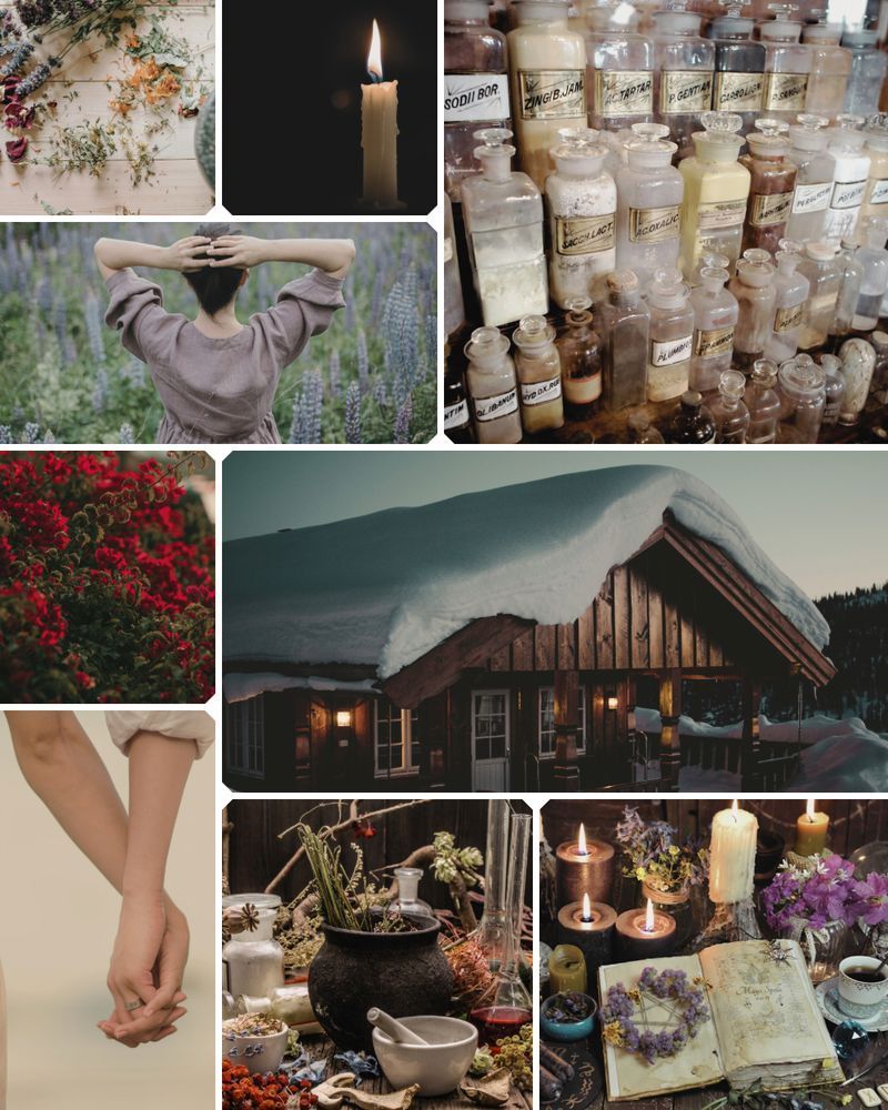 Apothecary cottage flowers candles bottles winter girls holding hands