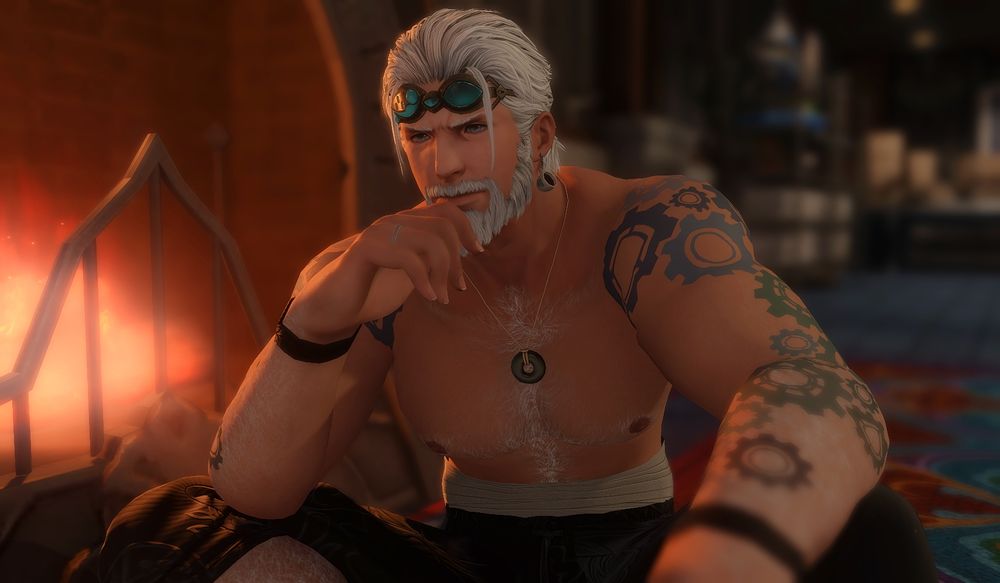 Cid in short pants and a waist wrap, sitting crosslegged by the fire.