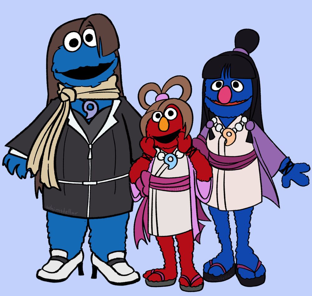 A drawing of characters from Sesame Street dressed in clothing of characters from Ace Attorney. Grover is Maya Fey. Cookie Monster is Mia Fey. And Elmo is Pearl Fey.