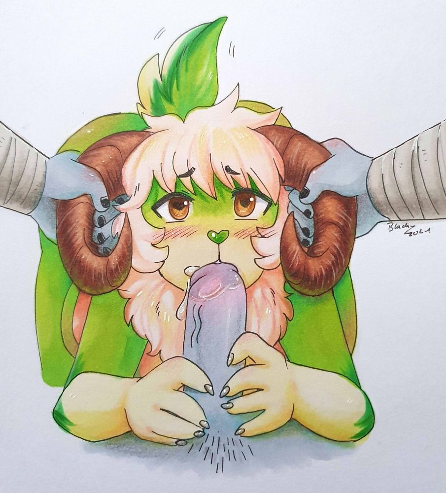 Luahy giving a blowjob while having his horns pulled on