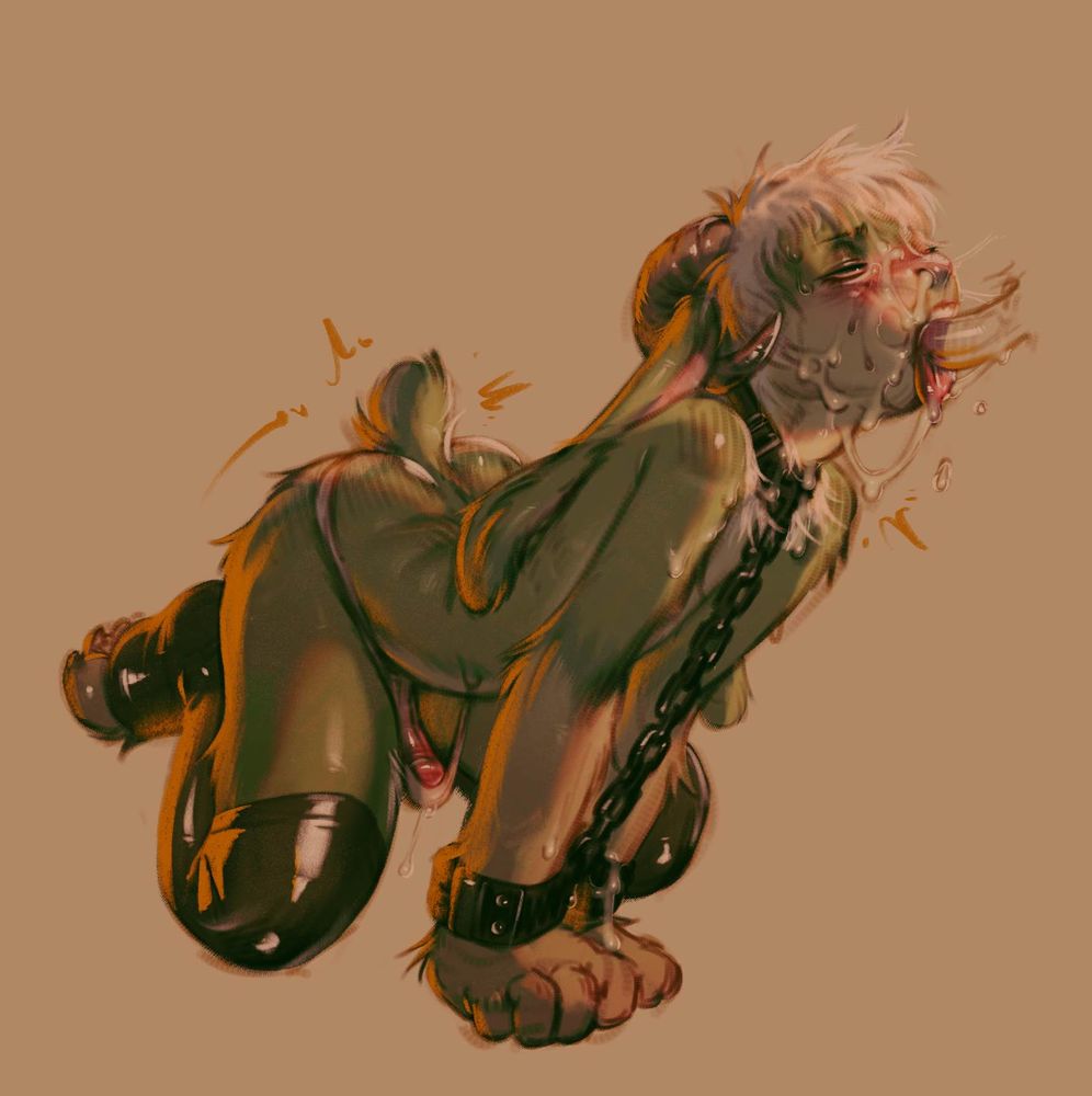 Lushy on all fours, a chain between cuffs and collar while his messy face is used