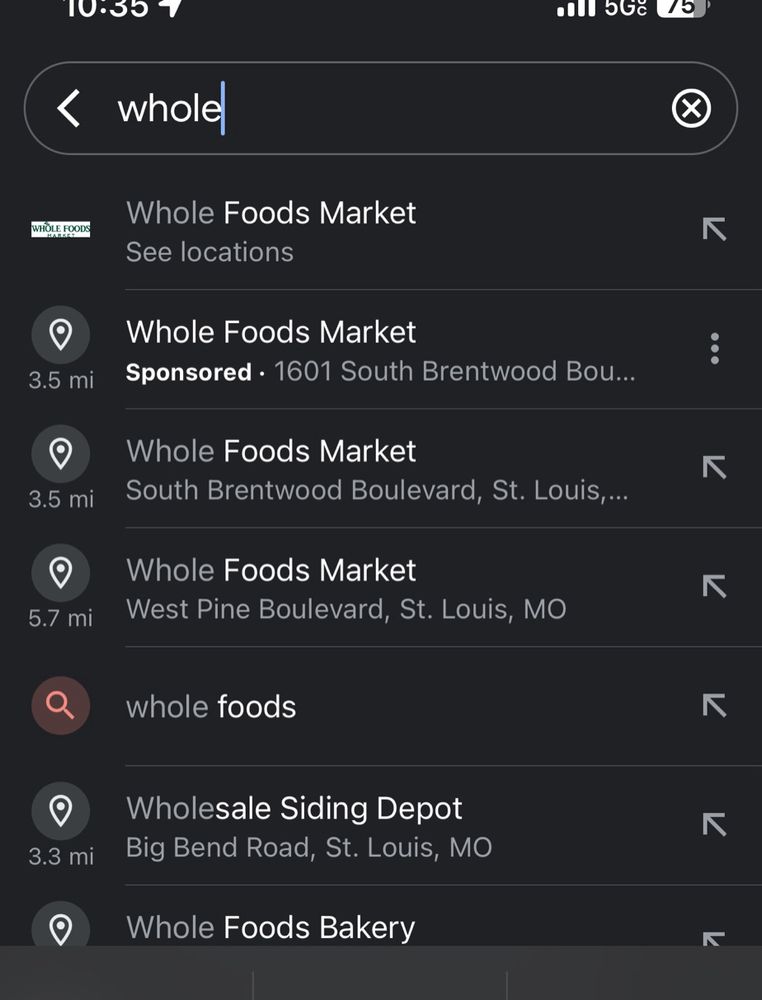 Screenshot of Google Maps drop down as Whole Foods is being searched and reflecting a sponsored search within Google Maps