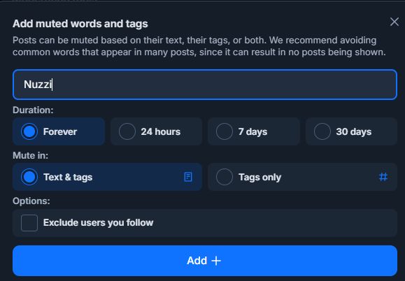bloccking the word 'Nuzzi' in text and tags for all time. 
