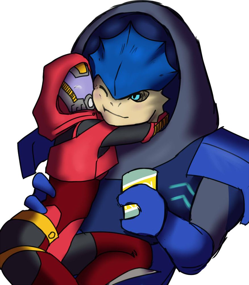 A quarian hugging a blue krogan