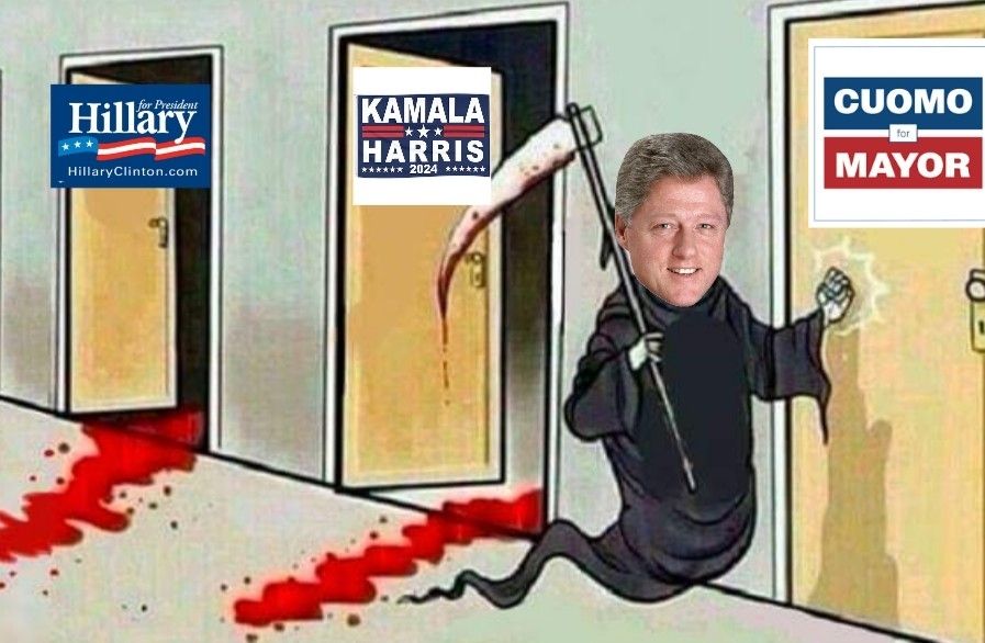 Bill Clinton as a grim reaper killing the hillary 08, kamala 2024 and Cuomo 2025 campaigns