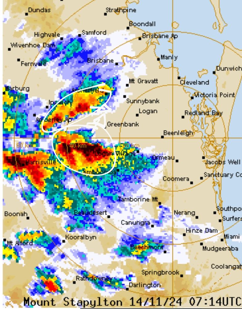 BoM radar image showing three intense storm cells.
The lower one heading North East appears to have hail in it.