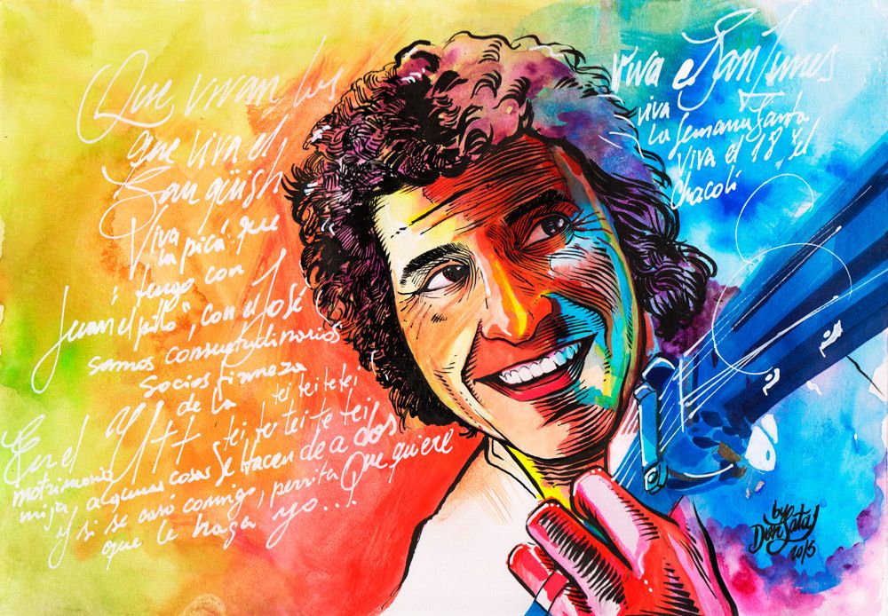 Dibujo a la acuarela de Victor Jara, cantautor Chileno. 