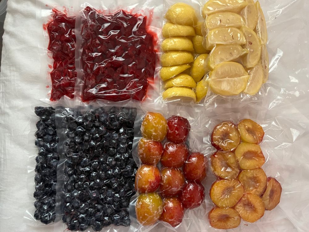 Vacuum sealed and salted salted raspberries, lemon wedges, blueberries, and halved plouts 