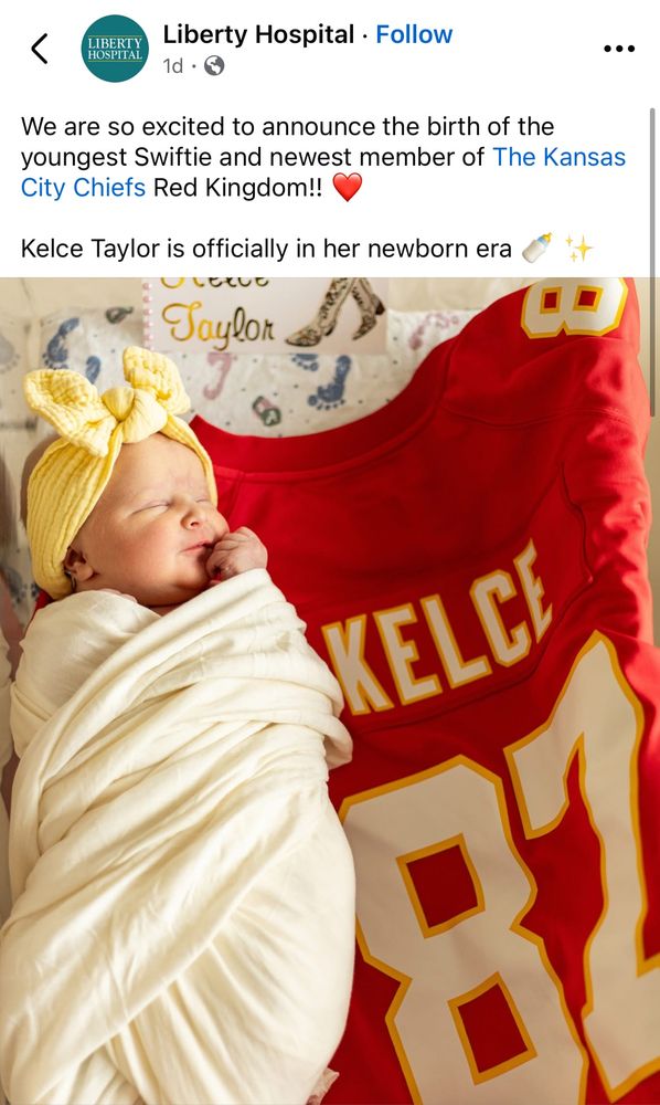 Picture of a baby named Kelce Taylor in front of a Travis Kelce jersey