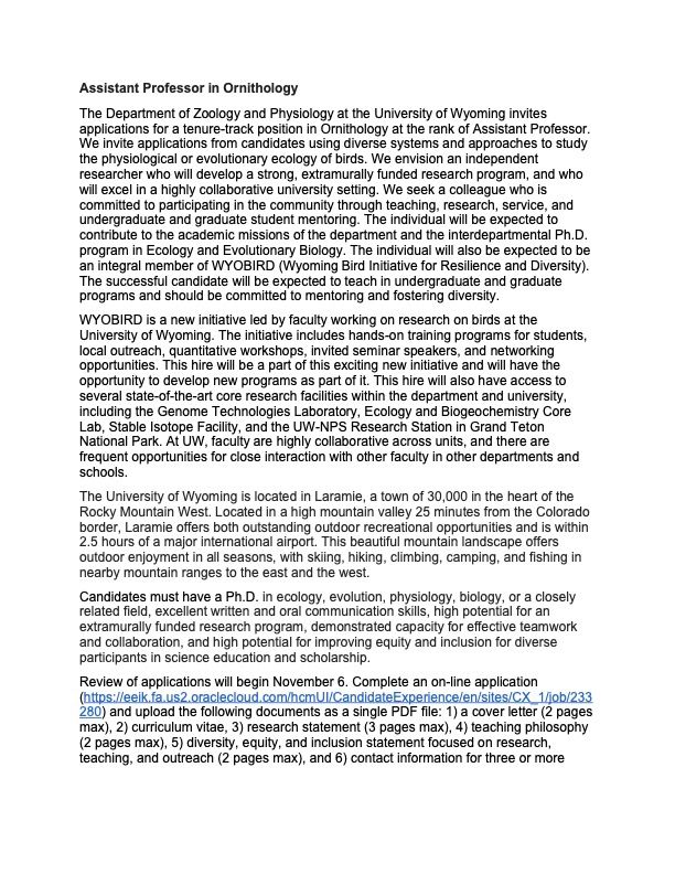 Image describes an Assistant Prof position in Ornithology at the University of Wyoming