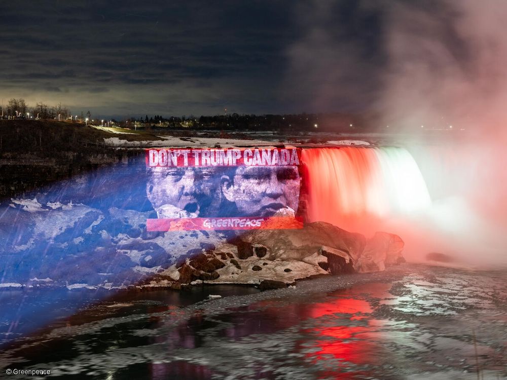 A nighttime view of Niagara Falls illuminated with red, white, and blue lights. A large projection on the falls displays the text "DON'T TRUMP CANADA" along with the Greenpeace logo. The projection includes images of Trump and PP. The water cascades dramatically with colorful light reflections visible in the water below. City lights can be seen in the distance along the shoreline.
