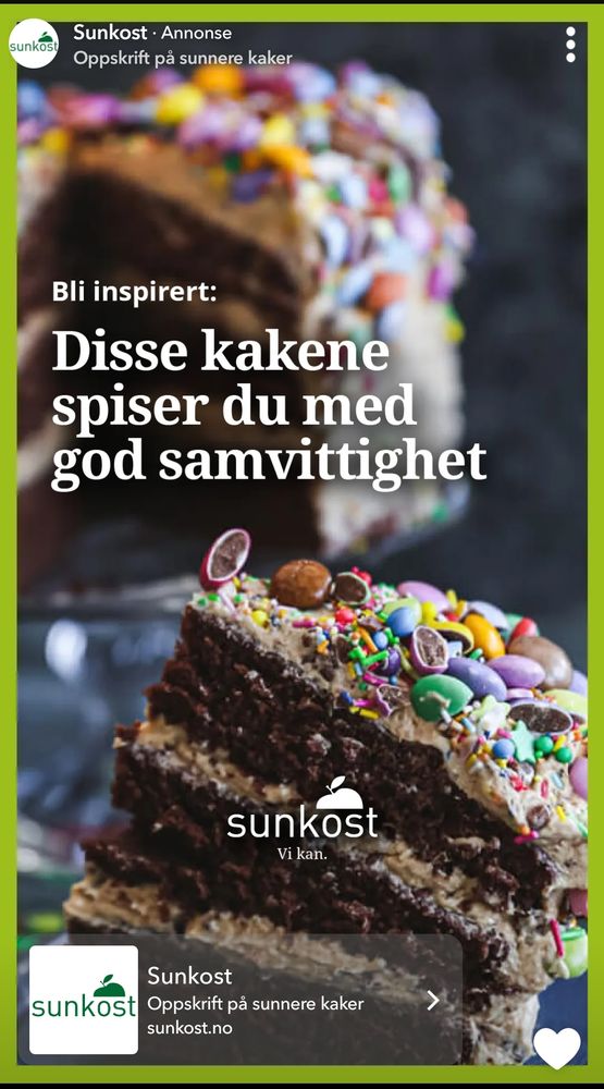 Reklame fra Sunkost med bilde av sjokoladekakestykker, også står det "Disse kakene spiser du med god samvittighet". 