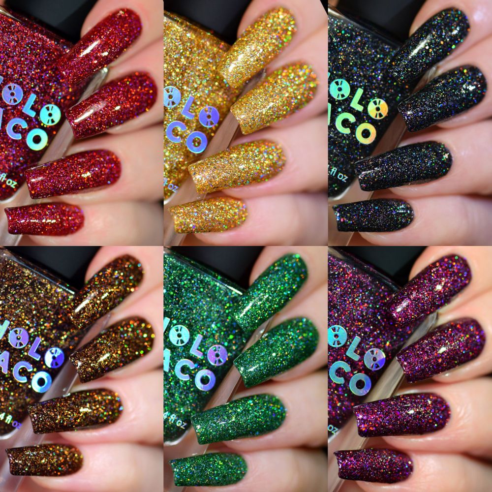 Fargene fra Holo Taco Christmas Collection 2021:
Naughty List 
Gold Play Button
Black Holo Wish 
Choco-Holo 
Everything is Pine
Plumb Luck 