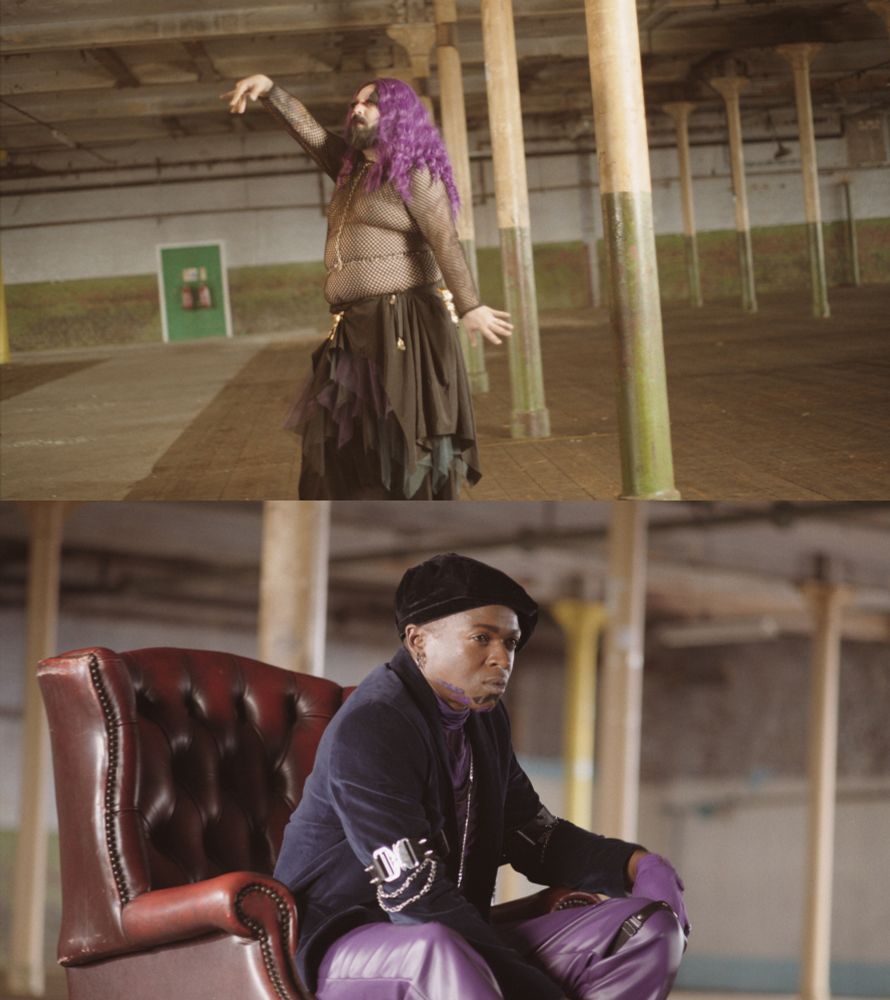 Top image: Tikez dancing with one arm elevated 
Bottom image: Romeo dressed smartly leaning forward in the red chair 