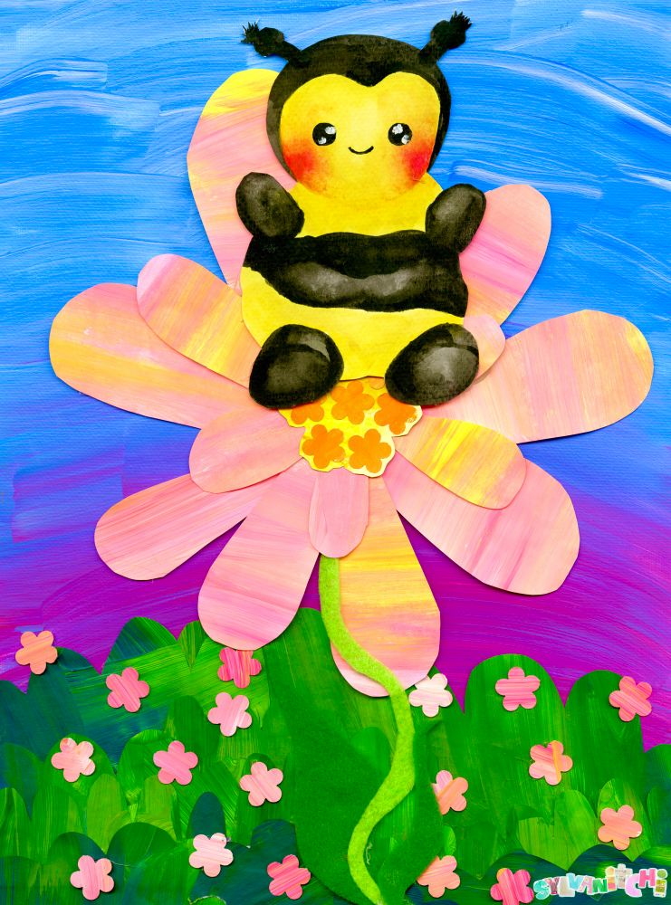 a fat blushing bee plushie painted in watercolor & collaged onto a pink flower with a stem made of green felt with two darker green leaves at the base. behind the flower is a field of green grass and little pink flowers (all collaged out of paper that was painted with varying shades) and the background is a bright pink sunset fading into a blue sky