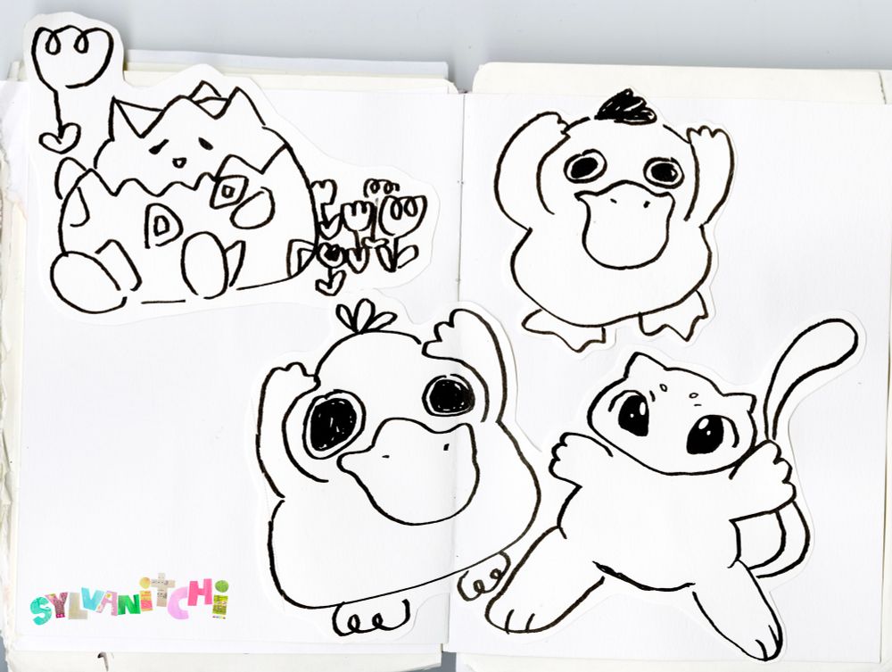 black line drawings done with a bent tip fountain pen and carbon ink. togeipi with tulips, 2 stressed out psyduck, & a mew