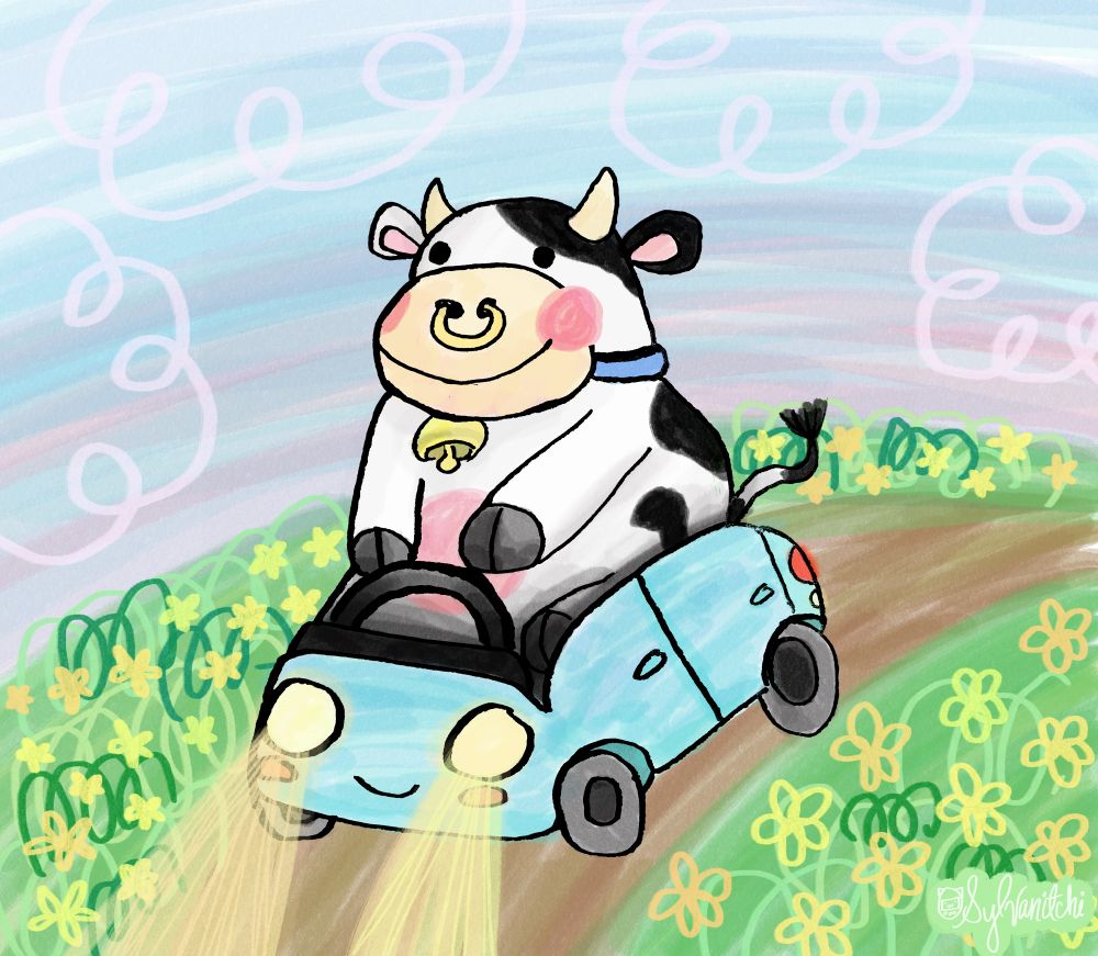the cow from moo moo meadows driving a little teal car with a flowery field on either side and a pink sunrise sky