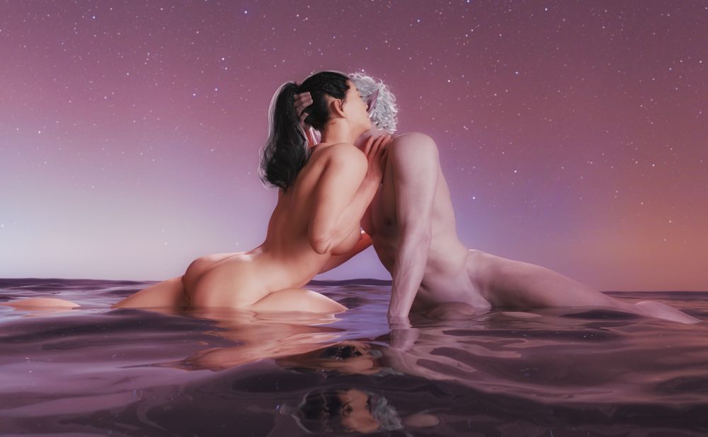 Astarion and my OC, Ban, posed like the sculpture named The River's Return to the Sea by Chester Beach