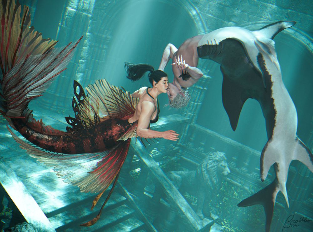 Shark!Astarion from Baldur’s Gate 3 and Lionfish!Tav kissing whilst swimming amongst some ruins