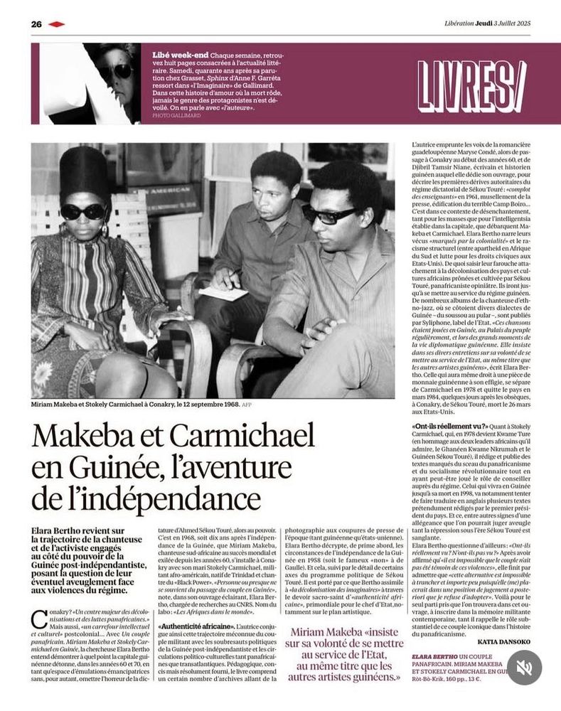 Libé sur Makeba et Carmichael (rot bo krik 2025)

Makeba et Carmichael en Guinée, l'aventure de l'indépendance
Elara Bertho revient sur la trajectoire de la chanteuse
