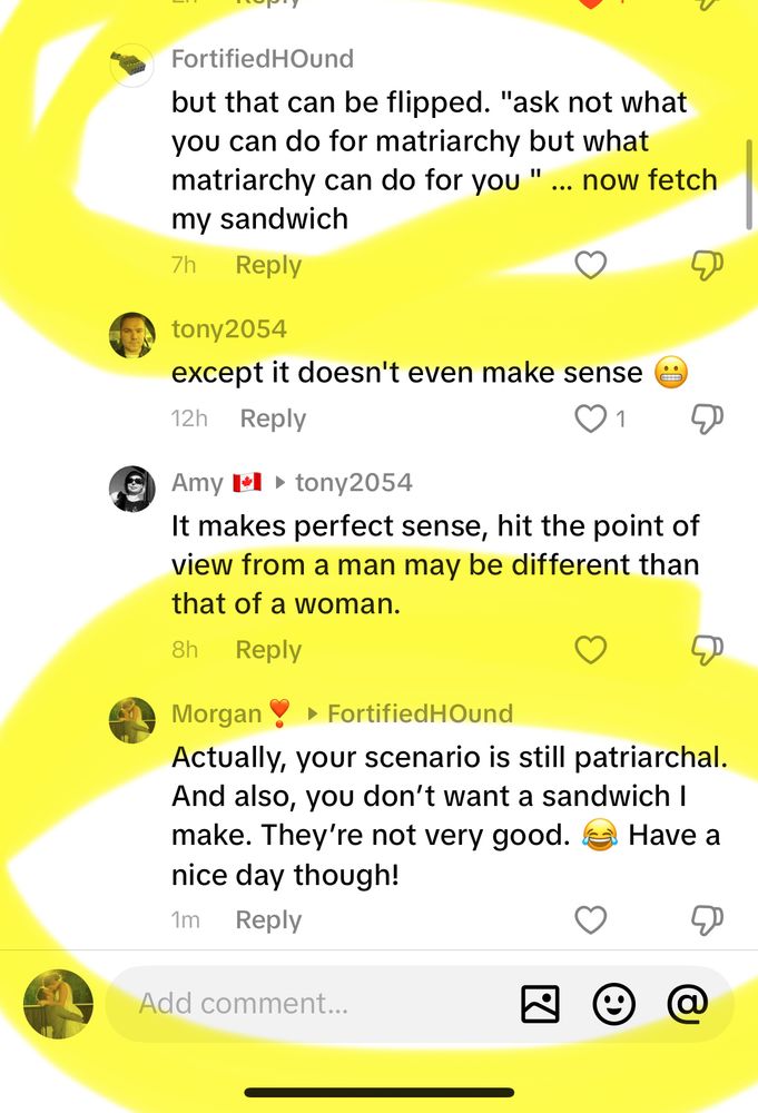 Stupid guy #1 reply circled in yellow at the top, my response to him circled at the bottom. (Silly guy #2 and someone else’s response in between the circles)
