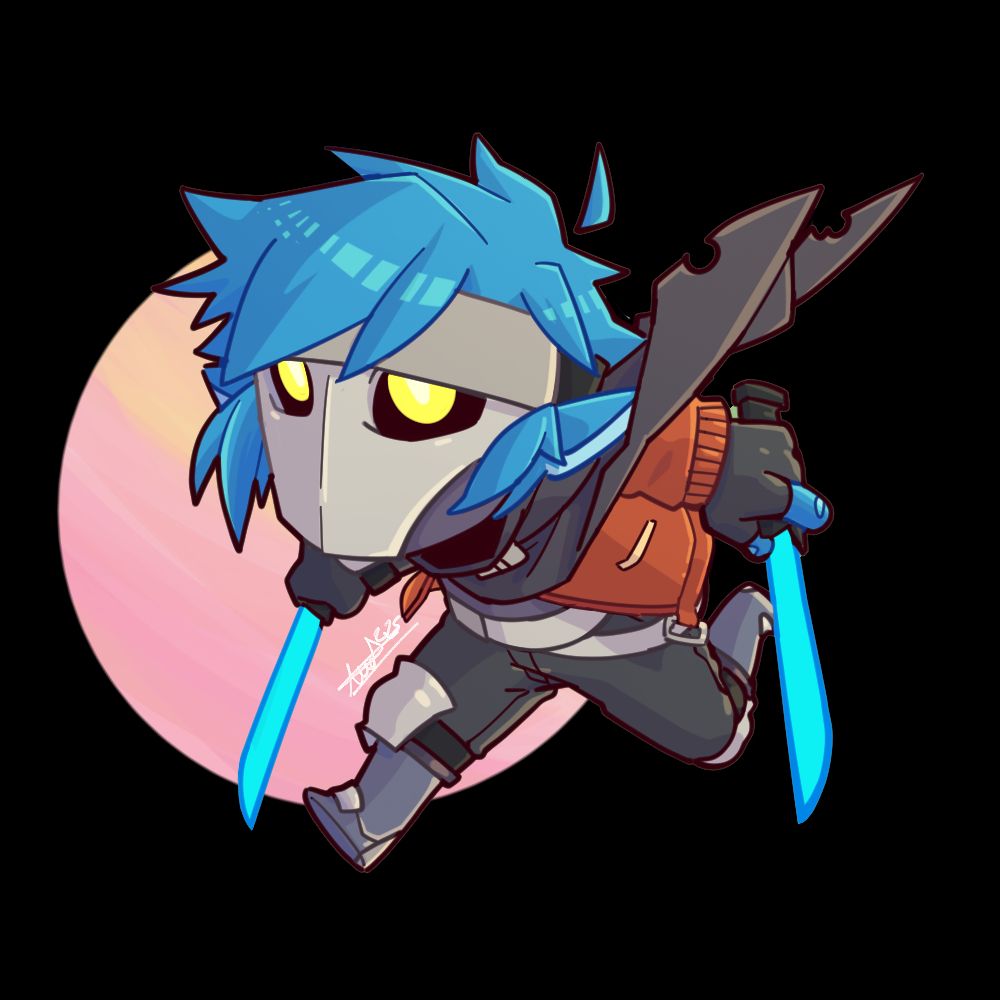 Hyper Light Breaker's first playable character
it's a blue humanoid with long ears and a red jacket.
He holds two blades in his hands