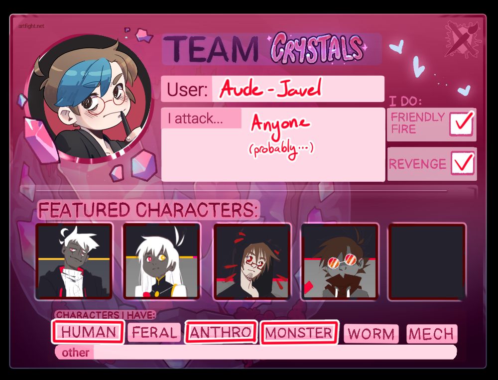 ArtFight 2025 template. Team Crystal one, filled with some info and my characters