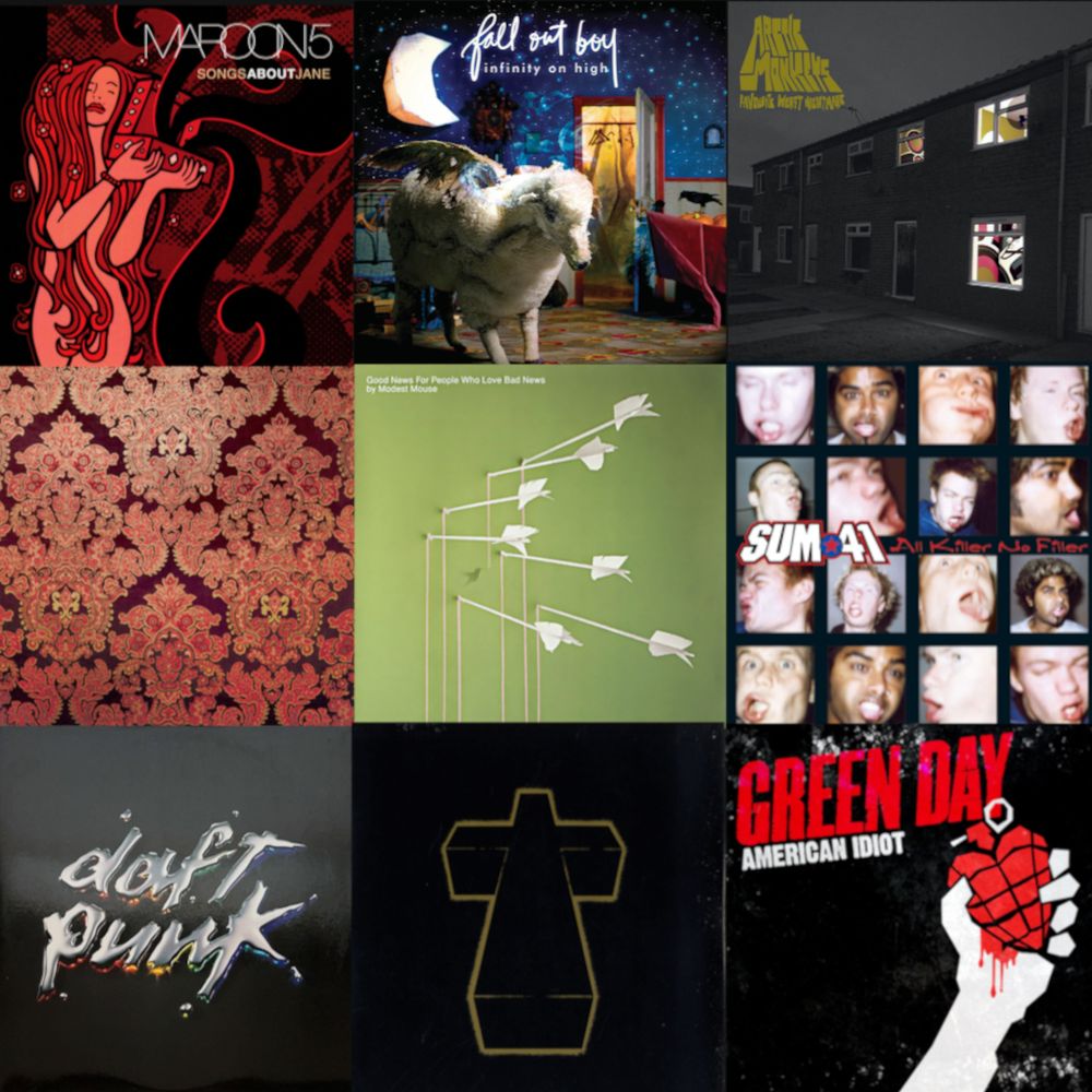 Songs About Jane - Maroon 5
Infinity On High - Fall Out Boy
Favorite Worst Nightmare - Arctic Monkeys
Oh No - OK Go
Good News For People Who Love Bad News - Modest Mouse
All Killer No Filler - Sum 41
Discovery - Daft Punk
Cross - Justice
American Idiot - Green Day