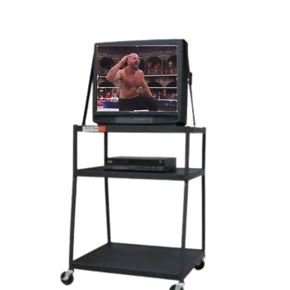 one of those old school tvs on the big metal carts they used to wheel in that's frequently used for memes about being a gen xer or millennial but in the screen is jon moxley making his "what the hell was that face"
