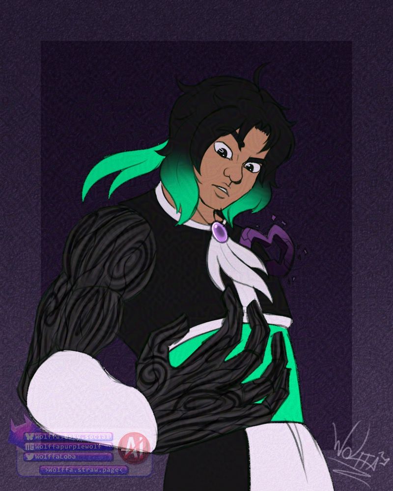 EN: An art of the character Umbra from @atomicflare looking at his entirely dark arm.

BR: Uma arte do personagem Umbra de @atomicflare olhando para o próprio braço completamente escurecido.