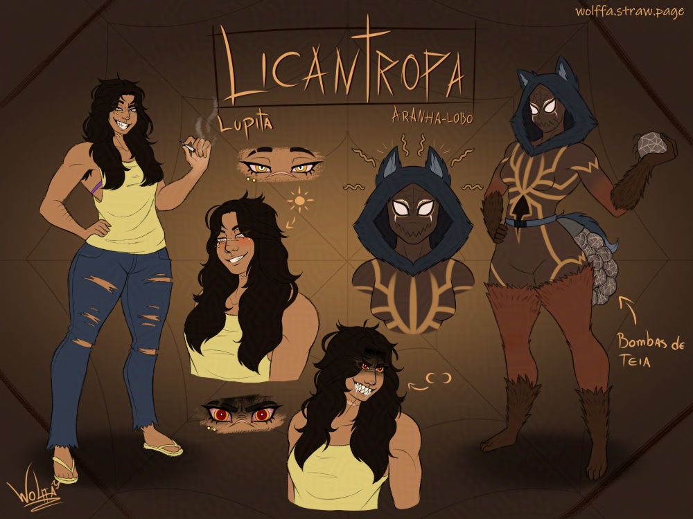 Referência de spidersona - Lupita/Licantropa (Aranha-lobo) - Cabelo marrom escuro bagunçado, estilo desleixado, pelos corporais, fumando maconha. O traje de aranha é em tons de marrom com um capuz de lobo cinza e um cinto contendo uma cauda de lobo e uma bolsa com várias bombas de teia em formatos de aranhas. A imagem também mostra um desenho da Lupita de dia, quando está normal, e ás noites de luas crescente e minguante, quando se torna mais agressiva. Também mostra um desenho dela no traje de Licantropa usando o sentido-aranha.