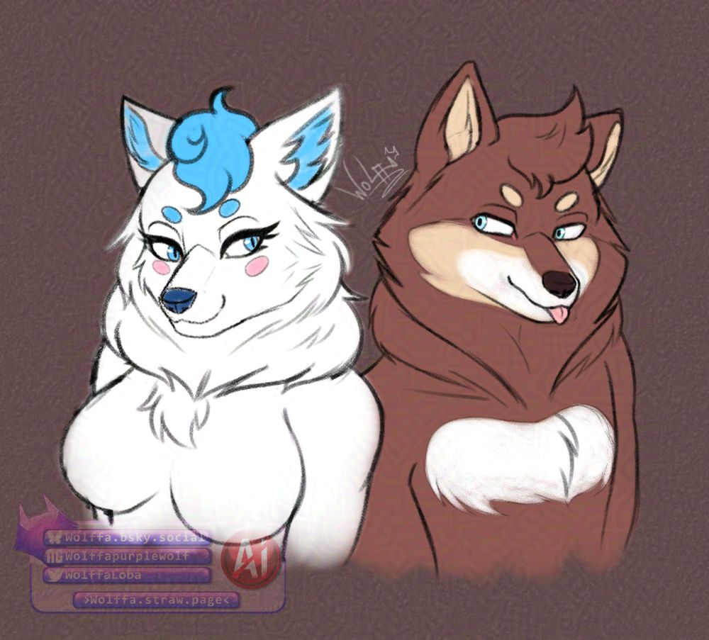 EN: Sketch art of Barlinha_cookie (White fox furry with blue details and hair) and Nicobiscoito (Brown shiba inu furry).

PT: Desenho esboço dos OCs de Barlinha_cookie (Furry de raposa branca com detalhes e cabelo azuis) e Nicobiscoito (Furry de shiba inu marrom).