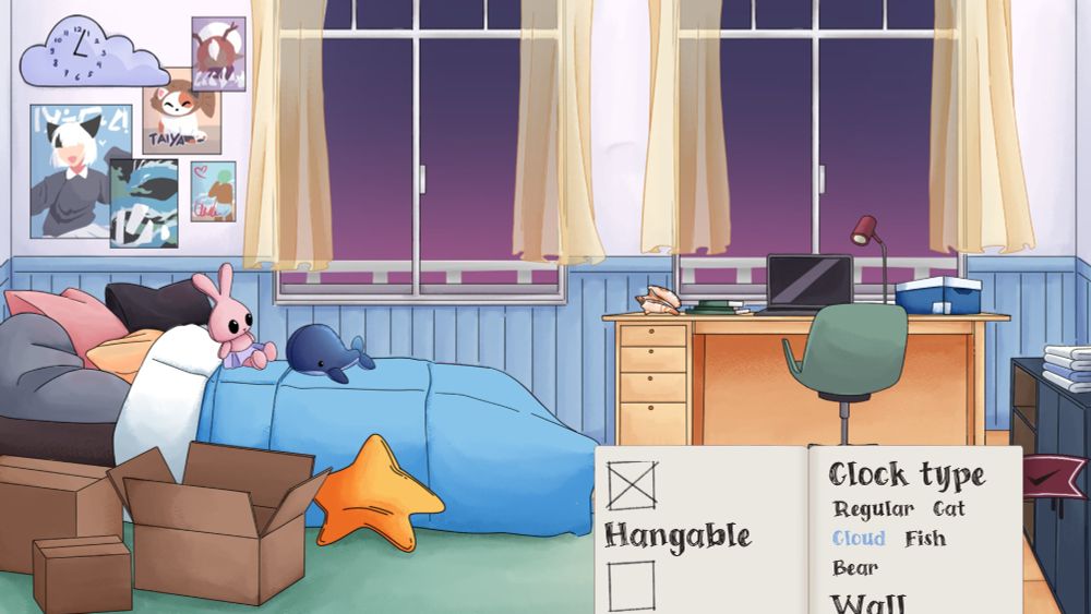 The player's room. There is a bed, desk, and posters on the wall. However, these can be changed with the little notebook in the bottom right.