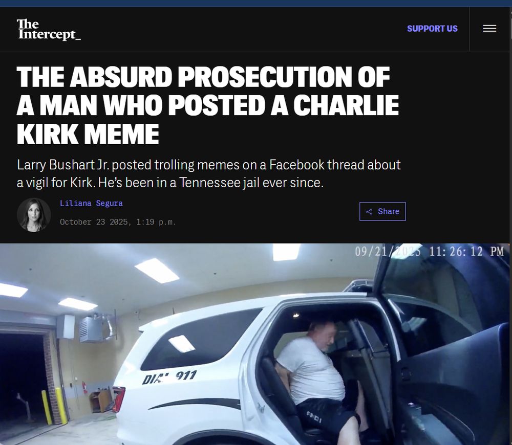 Headline: "The Absurd Prosecution Of A Man Who Posted A Charlie Kirk Meme" 