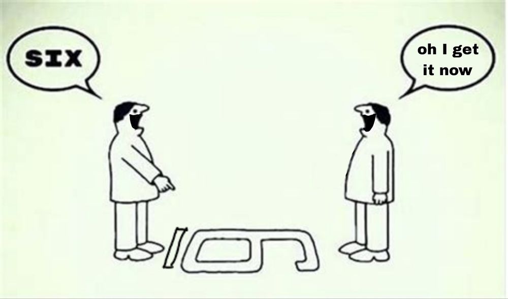 Two men are facing each other, with a 6 between them oriented in such a way that one could mistake it for a 9. However, there is a line under the 6, so both people know it's a 6. The left person is pointing at it and saying "SIX," and the right person is saying "oh I get it now!" Both smile in satisfaction now that the dilemma is finally over. 