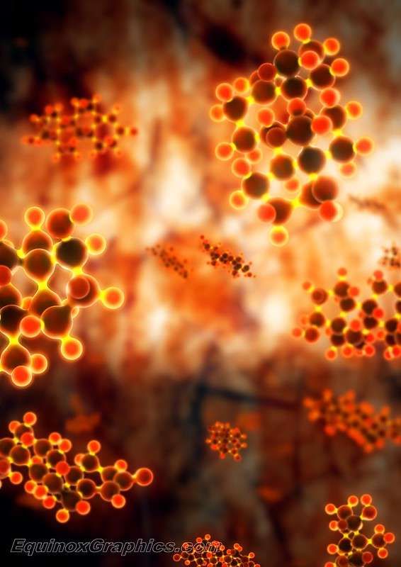 Illustration of glowing testosterone molecules (ball and stick structure), floating in a soup.  Yum yum