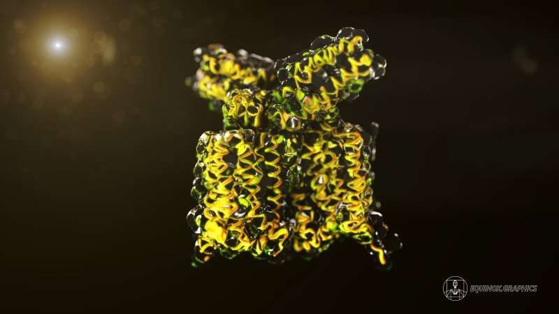Visualisation of the structure of the human sweet-sensing receptor.  It is shown as yellowish ribbons within a transparent refractive volume representing the surface of the protein.  Backlight with a fuzzy out-of focus light source