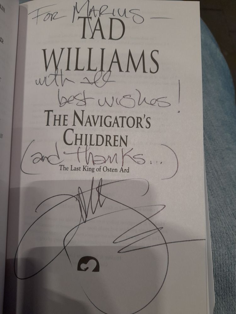 Die Titelseite des Romans "The Navigator's Children" von Tad Williams, die er mit einer Widmung für mich signiert hat.