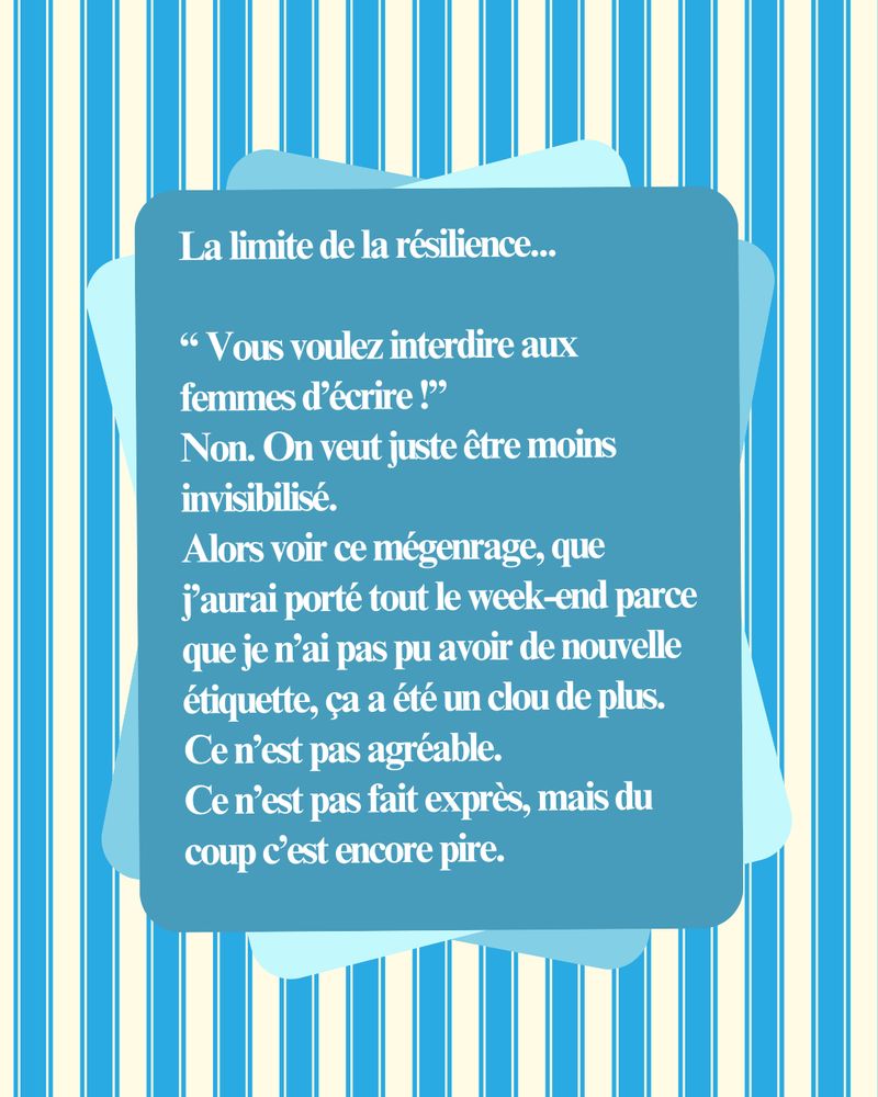 “ Vous voulez interdire aux femmes d’écrire !”
Non. On veut juste être moins invisibilisé.
Alors voir ce mégenrage, que j’aurai porté tout le week-end parce que je n’ai pas pu avoir de nouvelle étiquette, ça a été un clou de plus.
Ce n’est pas agréable.
Ce n’est pas fait exprès, mais du coup c’est encore pire.