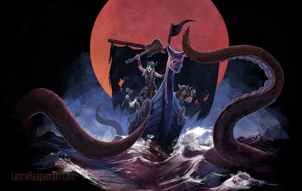 Poster for Nummirock Metal Festival. Viking ship and a sea monster