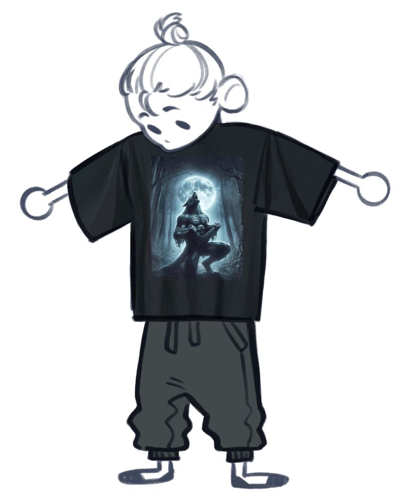 Goober drawing of a person wearing a very large t-shirt that has a howling werewolf on it and sweatpants, looking down at the outfit