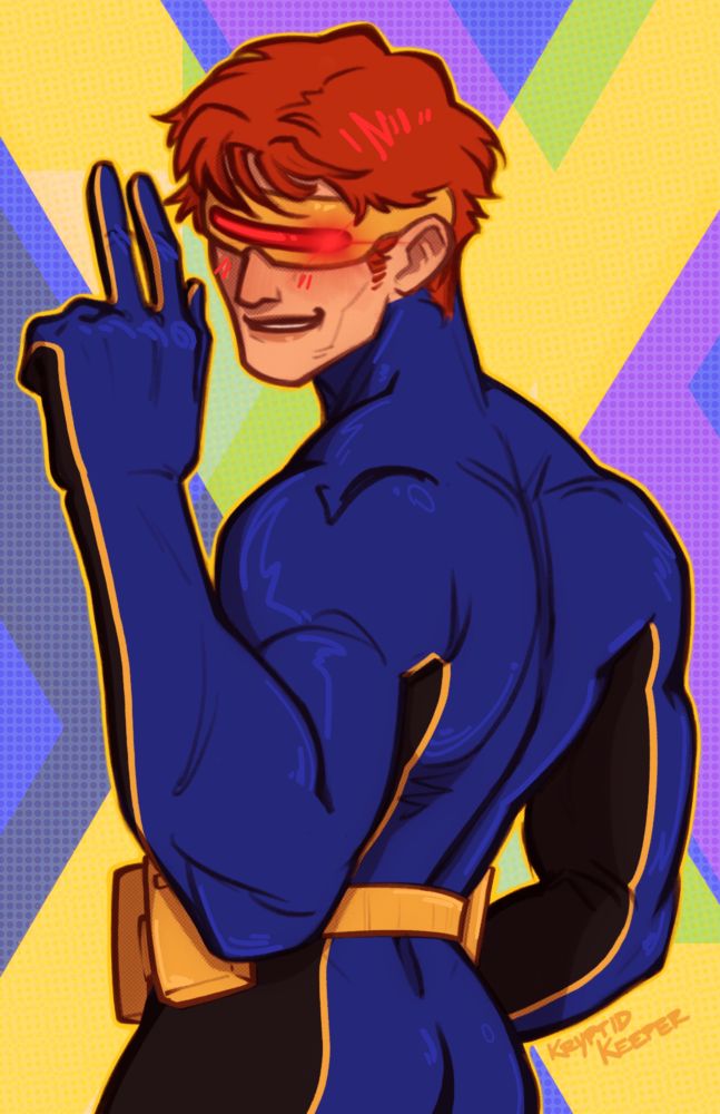 Marvel Xman Cyclops in blue yellow and black suit looking over his shoulder at the viewer