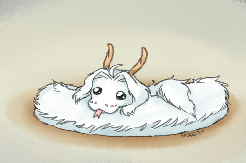 white fluffy noodle snake with antlers, laying in a donut shape, using it's tail as a pillow.
