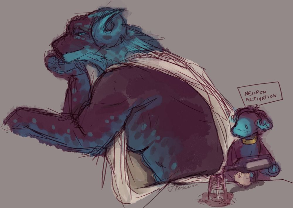 rough colored sketch of purple dragon Vitis and his kobold spouse Sima, who is distracted with sneaking a peek at Vitis's side that's exposed with his loose robes. Sima was in the middle of pouring a glass of wine, but the glass is already overflowing to the table, whilst a text box points at Sima's head, reading "Neuron activation"