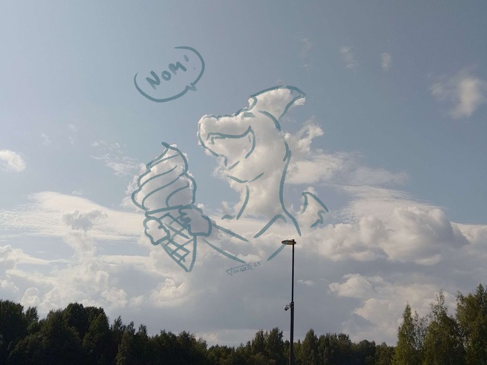 sky with clouds i've drawn over with a dragon hatchling holding an ice cream cone, mouth open, saying "nom!"