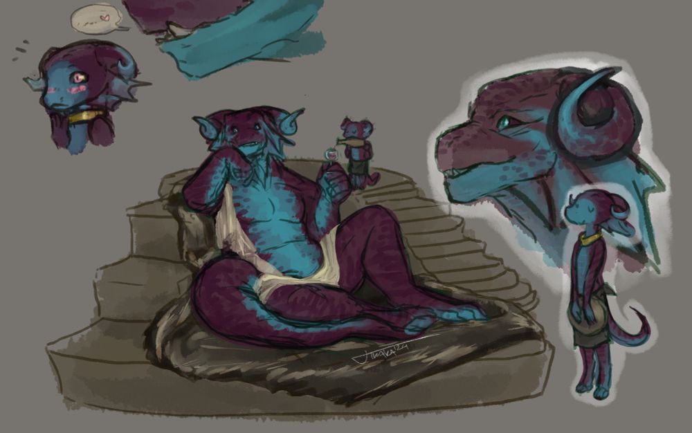 Few colored sketches of my purple dragon Vitis and his kobold Sima. In upper left corner Vitis is whispering something to Sima's ear, and Sima covers his mouth as he blushes at whatever is whispered!
Middle picture is full body, Vitis lounging in stairs-like chair, holding a small wine glass Sima is filling, as Vitis looks at the viewer seemingly amused and relaxed.
Last picture is just sima standing proud, holding a tray, and Vitis's head behind him is almost as tall as the kobold alone.